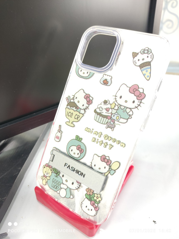قاب fashion اطلسی استندشو apple iphone 13/14 طرح هلو کیتی