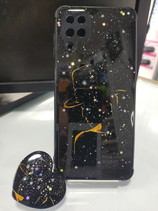 قاب گوشی Galaxy A12 طرح ستارهدار مشکی | قاب براق و ضد ضربه با پاپسوکت قلبی