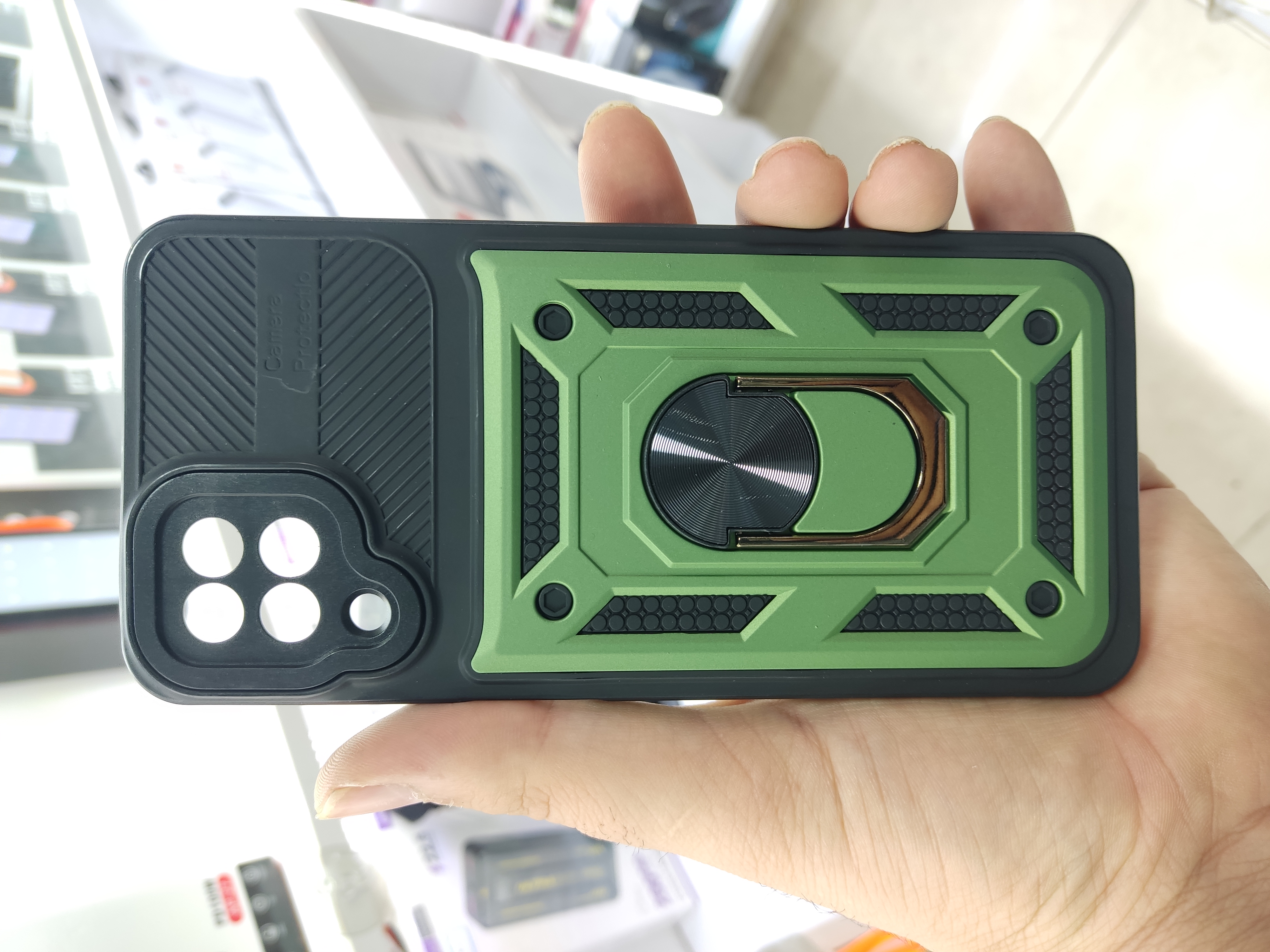 قاب بتمنی گوشی سامسونگ Galaxy A12 ضد ضربه هولدر دار | محافظ لنز دار | رنگ سبز تیره