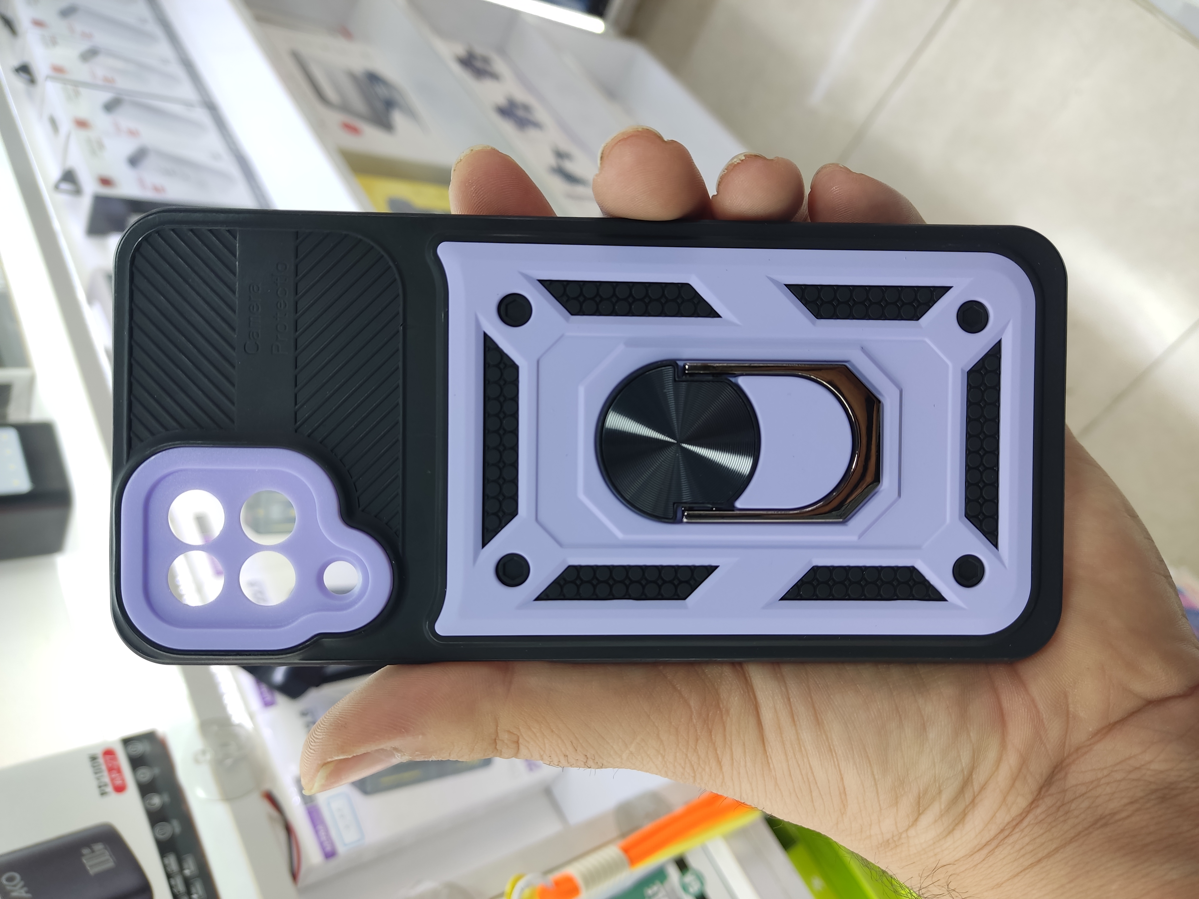 قاب بتمنی گوشی سامسونگ Galaxy A12 ضد ضربه هولدر دار | محافظ لنز دار | رنگ بنفش روشن