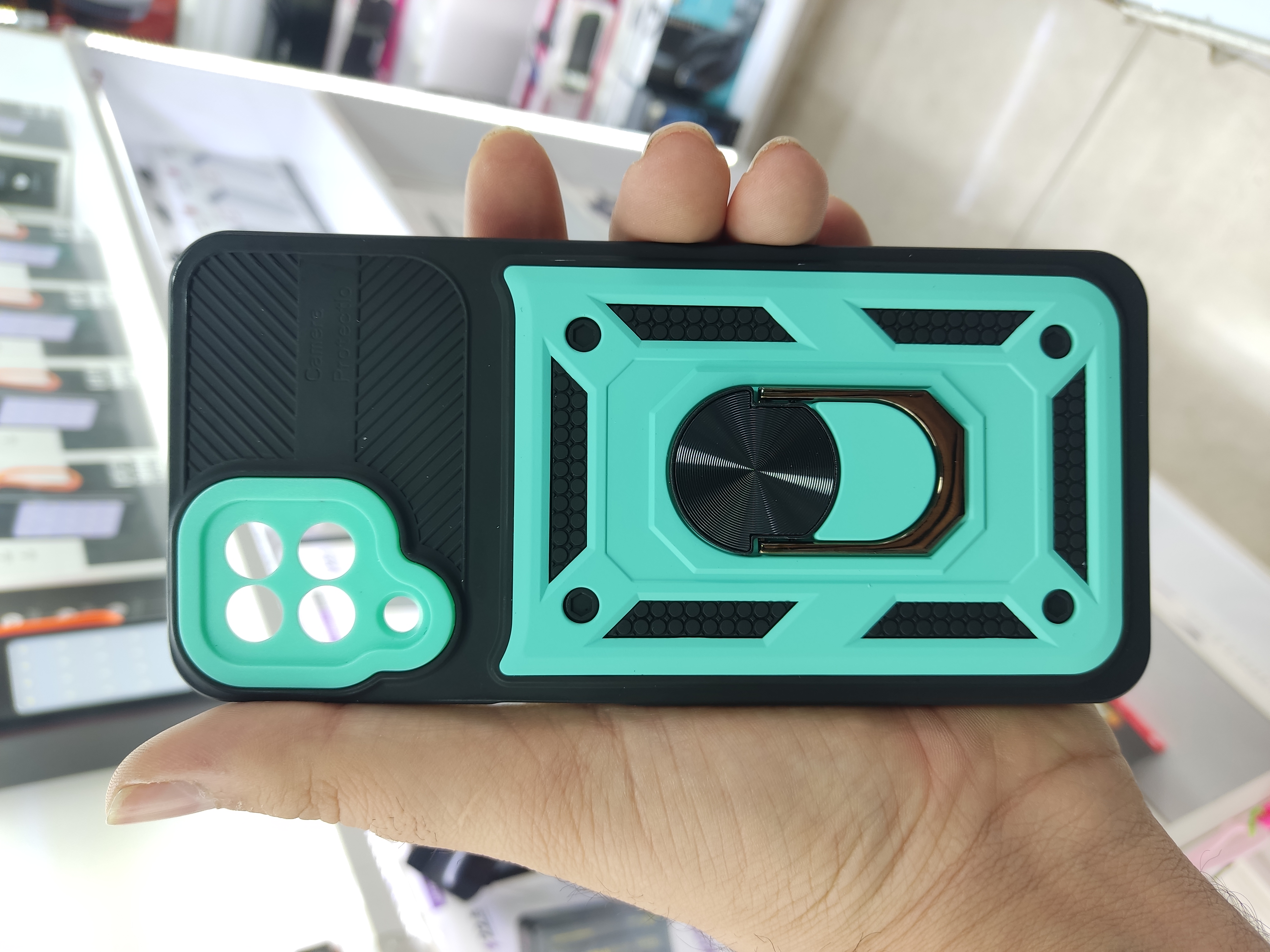 قاب بتمنی گوشی سامسونگ Galaxy A12 ضد ضربه هولدر دار | محافظ لنز دار | رنگ سبز فیروزه ای