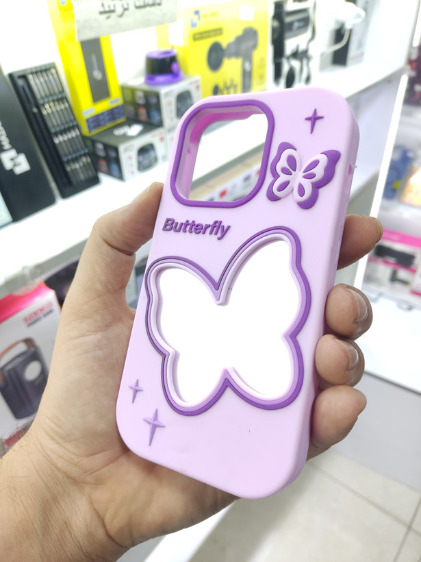 قاب فانتزی خاص سیلیکونی بنفش پروانه ای اینه ای مدل Butterfly گوشی iphone 13pro / 14pro / 15pro