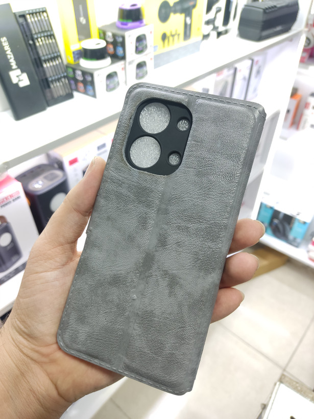 کیف موبایل چرمی مگنتی محافظ لنزدار Xiaomi Redmi 15C / Poco C85 - خاکستری