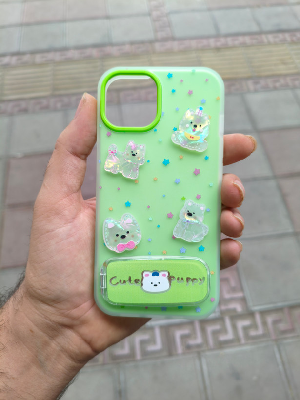 قاب Cute Puppy دولایه عروسک برجسته استندشو آینه ای Apple iPhone 13 / iPhone 14 - سبز
