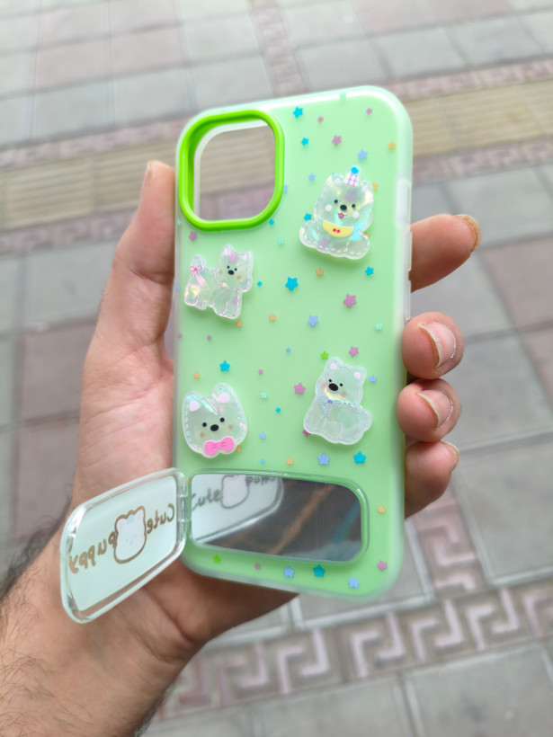 قاب Cute Puppy دولایه عروسک برجسته استندشو آینه ای Apple iPhone 13 / iPhone 14 - سبز