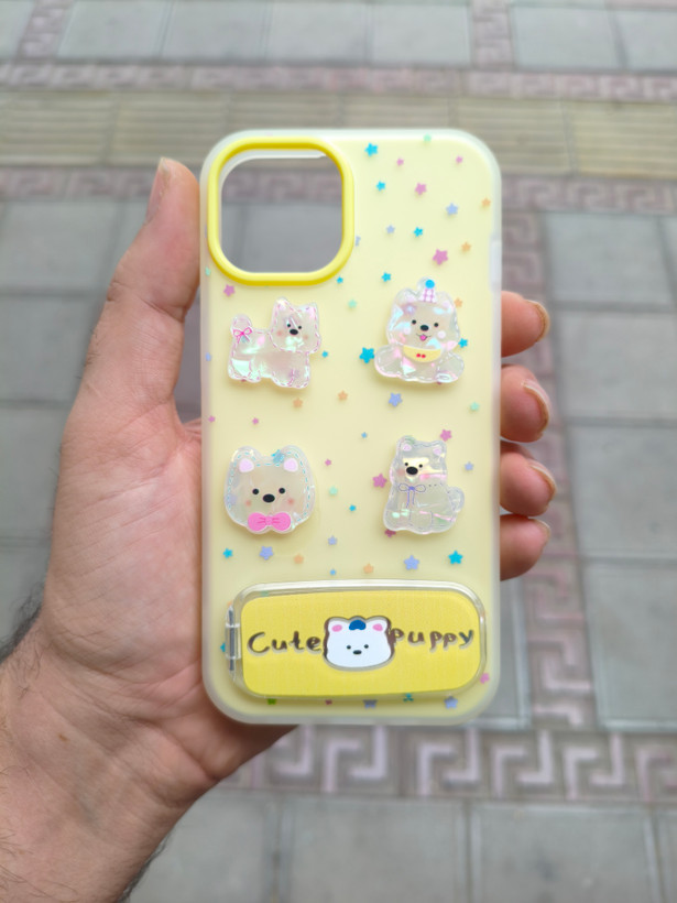 قاب Cute Puppy دولایه عروسک برجسته استندشو آینه ای Apple iPhone 13 / iPhone 14 - زرد
