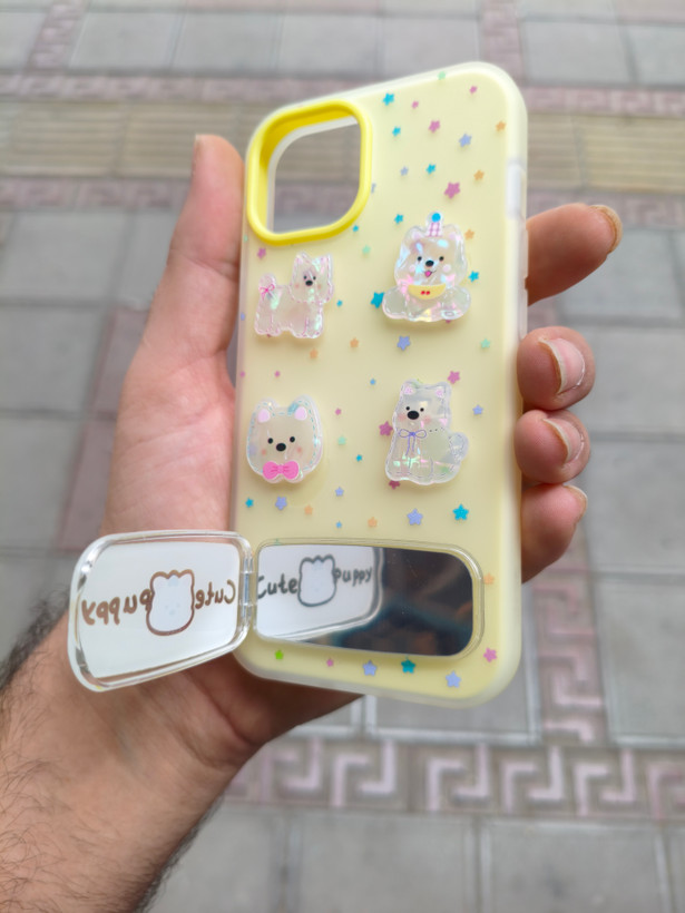 قاب Cute Puppy دولایه عروسک برجسته استندشو آینه ای Apple iPhone 13 / iPhone 14 - زرد