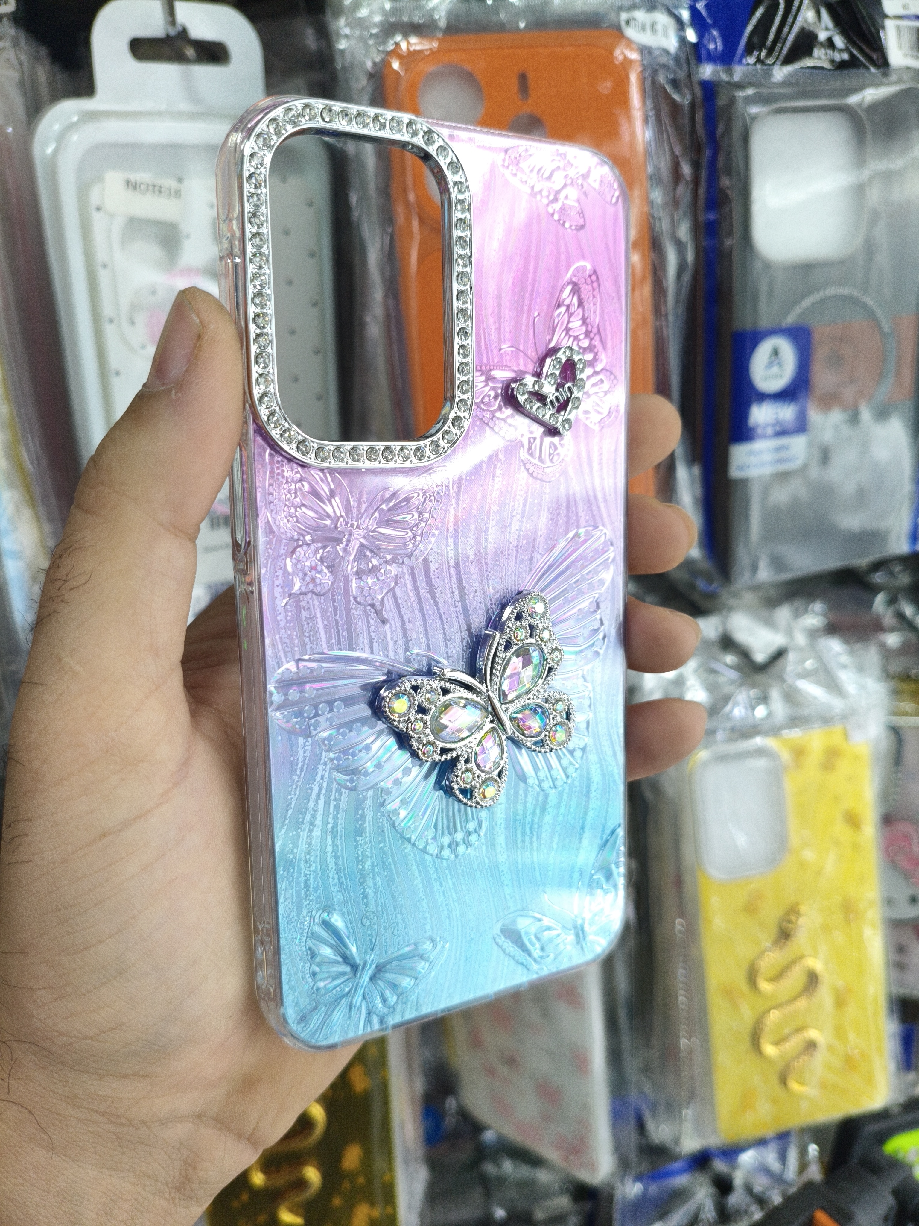 قاب گوشی Samsung A17/A26 طرح پروانه نگین‌دار رنگ آبی صورتی