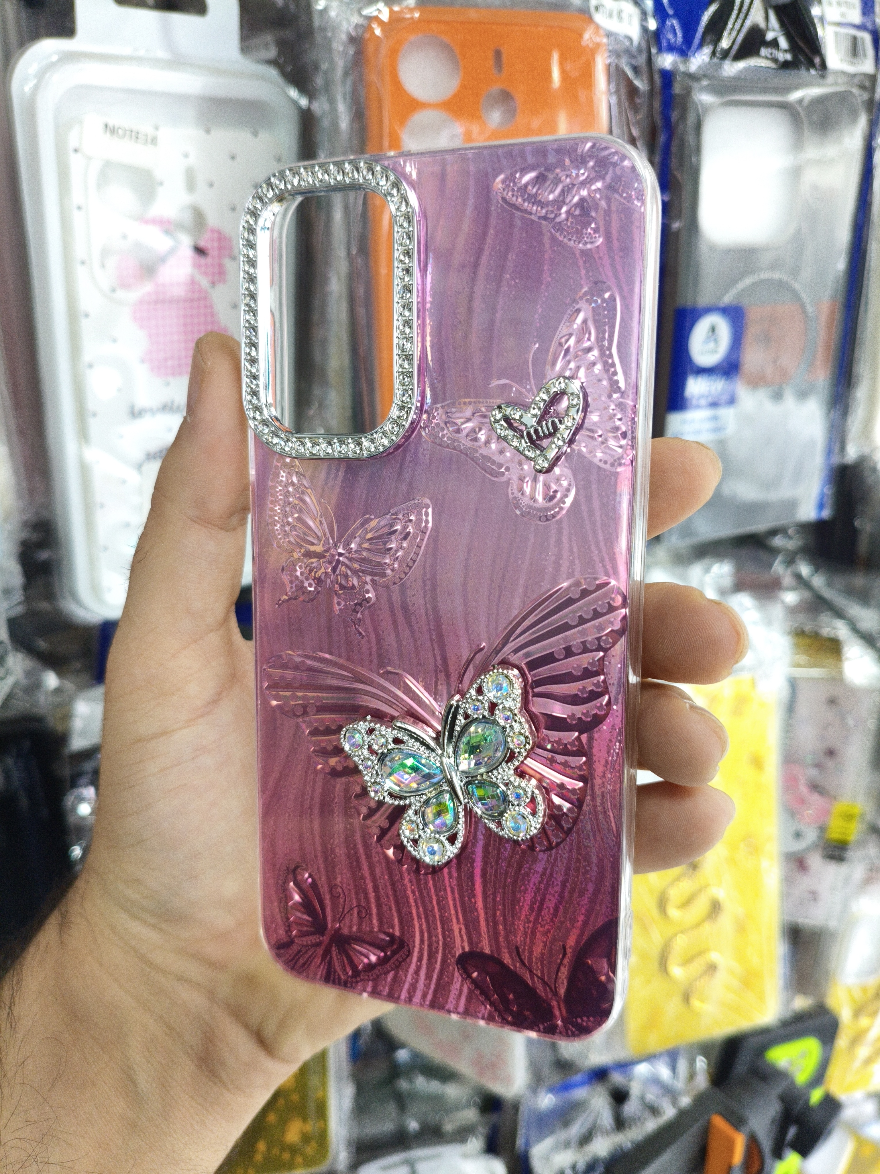 قاب گوشی Samsung A14 طرح پروانه نگین‌دار رنگ صورتی